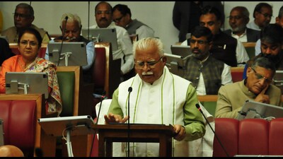 Haryana chief minister Manohar Lal Khattar presenting the Haryana Budget for 2023-24 in Chandigarh on Thursday. (HT Photo) Haryana chief minister Manohar Lal Khattar presenting the Haryana Budget for 2023-24 in Chandigarh on Thursday. (HT Photo)
