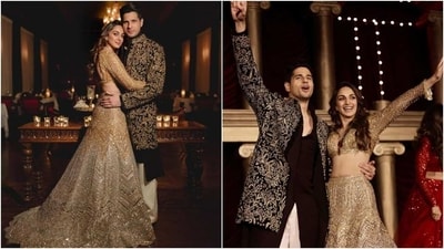 Earlier, Kiara and Sidharth had shared photos from their wedding Sangeet ceremony. While Kiara chose a gold and beige lehenga set, Sidharth looked dapper in a black and gold embroidered sherwani set. (Instagram) Earlier, Kiara and Sidharth had shared photos from their wedding Sangeet ceremony. While Kiara chose a gold and beige lehenga set, Sidharth looked dapper in a black and gold embroidered sherwani set. (Instagram)