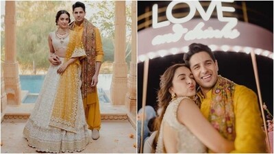 The pictures are from the couple's haldi function. While Kiara wore an ivory embellished lehenga styled with a yellow dupatta, jhumkis, layered necklaces and minimal makeup, Sidharth chose a mustard Chikankari-embroidered kurta-pyjama set teamed with an embroidered shawl. (Instagram) The pictures are from the couple's haldi function. While Kiara wore an ivory embellished lehenga styled with a yellow dupatta, jhumkis, layered necklaces and minimal makeup, Sidharth chose a mustard Chikankari-embroidered kurta-pyjama set teamed with an embroidered shawl. (Instagram)