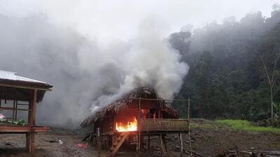 Police said the five armed cadres at the camp escaped but the police burnt down the rebel group ENNG’s camp (Photo:Arunachal Police) Police said the five armed cadres at the camp escaped but the police burnt down the rebel group ENNG’s camp (Photo:Arunachal Police)