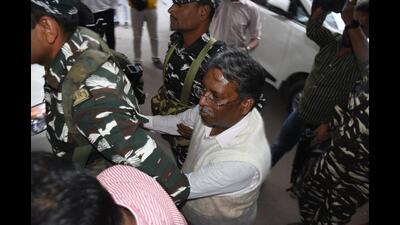 Veerendra Kumar Ram, chief engineer of the rural development department, after his arrest on Thursday. (HT Photo) Veerendra Kumar Ram, chief engineer of the rural development department, after his arrest on Thursday. (HT Photo)