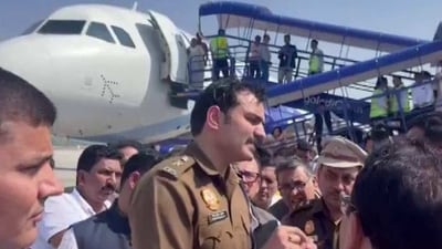 Visuals from Delhi airport where a ruckus followed after Congress leader Pawan Khera was deplaned on Thursday. (ANI)