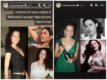 Kangana Ranaut shared collages of her own pictures and that of Madhubala's. Kangana Ranaut shared collages of her own pictures and that of Madhubala's.