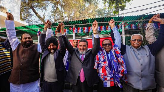 Apni Party president Altaf Bukhari with other leaders during the party's joining programme in Jammu on Thursday. (PTI)