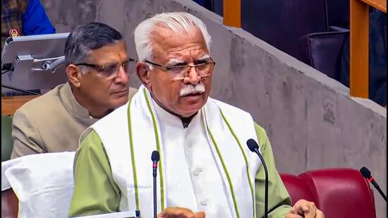 Haryana CM Manohar Lal presents the state budget 2023-24 in the assembly, in Chandigarh, Thursday. (PTI)