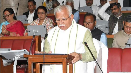 Haryana chief minister Manohar Lal Khattar presents the State Budget 2023-24 during the Budget Session of the State Assembly, in Chandigarh on Thursday. (ANI)