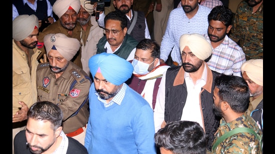 Vigilance Department presented AAP MLA Amit Ratan Kotfatta in a court in Bathinda on Thursday. (Sanjeev Kumar/HT)