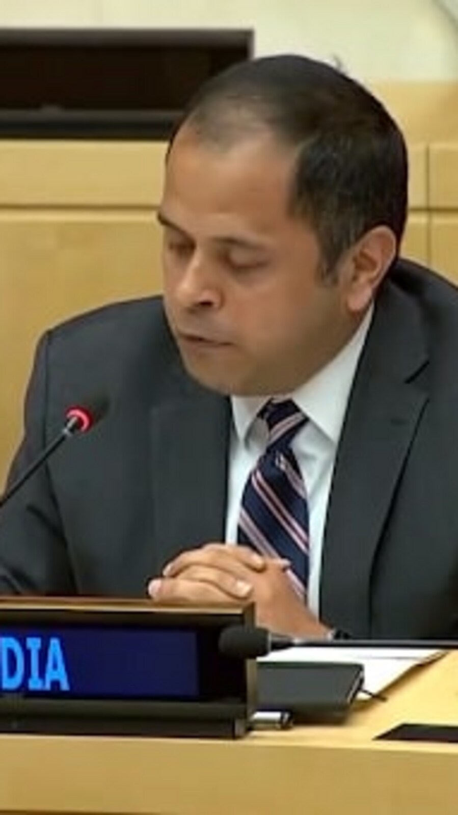 Pratik Mathur, counsellor at India's Permanent Mission to United Nations, speaks at the UNSC meeting on Ukraine.