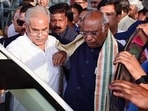 Congress president Mallikarjun Kharge with Chhattisgarh chief minister Bhupesh Baghel during his visit to the state. (ANI Photo)
