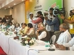 Congress party leaders at the steering committee during the 85th Plenary Session of the Indian National Congress, in Raipur, Chhattisgarh, on Friday.