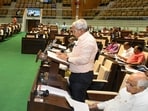 Gujarat Finance minister Kanubhai Desai presents the State Budget 2023-24 in the Assembly, in Gandhinagar, Friday. Gujarat Finance minister Kanubhai Desai presents the State Budget 2023-24 in the Assembly, in Gandhinagar, Friday.