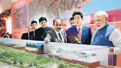 Ahmedabad: Prime Minister Narendra Modi with his Japanese counterpart Shinzo Abe at Ground Breaking ceremony of Mumbai-Ahmedabad High Speed Rail Project, in Ahmedabad on Thursday. Union Minister for Railways and Coal, Piyush Goyal is also seen. PTI Photo/ pib(PTI9_14_2017_000028B) (PTI) Ahmedabad: Prime Minister Narendra Modi with his Japanese counterpart Shinzo Abe at Ground Breaking ceremony of Mumbai-Ahmedabad High Speed Rail Project, in Ahmedabad on Thursday. Union Minister for Railways and Coal, Piyush Goyal is also seen. PTI Photo/ pib(PTI9_14_2017_000028B) (PTI)