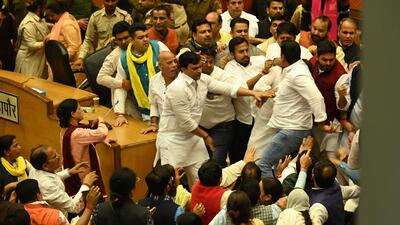 BJP councillors and AAP councillors come to blows at MCD Headquarters in Civic Center in New Delhi on Friday. (Raj K Raj/HT Photo) BJP councillors and AAP councillors come to blows at MCD Headquarters in Civic Center in New Delhi on Friday. (Raj K Raj/HT Photo)