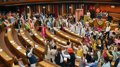 BJP members protesting against the delay in the election of members to the standing committee. (ANI) BJP members protesting against the delay in the election of members to the standing committee. (ANI)