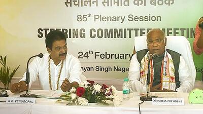 Congress chief Mallikarjun Kharge speaking at the steering committee meeting. (PTI) Congress chief Mallikarjun Kharge speaking at the steering committee meeting. (PTI)