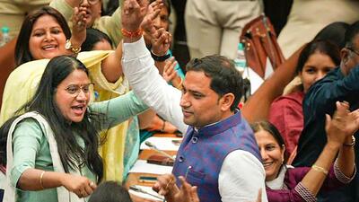 Councillor Pawan Sehrawat, being welcomed by BJP councillors during the election of members of the Municipal Corporation of Delhi standing committee, at the Civic Centre in New Delhi on Friday. (PTI) Councillor Pawan Sehrawat, being welcomed by BJP councillors during the election of members of the Municipal Corporation of Delhi standing committee, at the Civic Centre in New Delhi on Friday. (PTI)