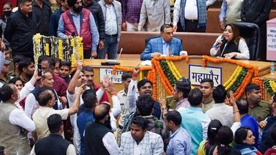 Delhi Mayor Shelly Oberoi following a ruckus inside MCD house over the election of member of the standing committee (PTI Photo) Delhi Mayor Shelly Oberoi following a ruckus inside MCD house over the election of member of the standing committee (PTI Photo)