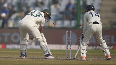 Australia's Marnus Labuschagne, left, is bowled by India's Ravindra Jadeja during the third day of the second cricket test match between India and Australia in New Delhi. (AP)