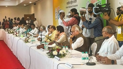 Congress party leaders at the steering committee during the 85th Plenary Session of the Indian National Congress, in Raipur, Chhattisgarh, on Friday. (PTI) Congress party leaders at the steering committee during the 85th Plenary Session of the Indian National Congress, in Raipur, Chhattisgarh, on Friday. (PTI)