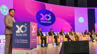 Telangana industries and information technology minister K T Rama Rao speaks during the inauguration of the 20th edition of BioAsia-2023, in Hyderabad o Friday. (PTI) Telangana industries and information technology minister K T Rama Rao speaks during the inauguration of the 20th edition of BioAsia-2023, in Hyderabad o Friday. (PTI)
