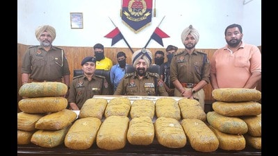 The four accused in police custody in Ludhiana on Friday. (HT Photo)
