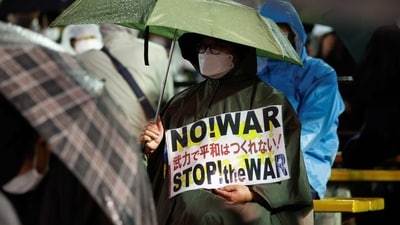 A protester attends a rally against Russia's invasion of Ukraine, on the day to mark the first anniversary of the Ukraine War, in Tokyo, Japan. (REUTERS)