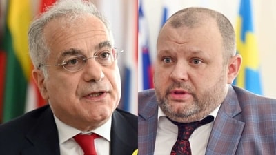 Russia-Ukraine War: EU ambassador Ugo Astuto (left) and Ukrainian chargé d’affaires Ivan Konovalov. Russia-Ukraine War: EU ambassador Ugo Astuto (left) and Ukrainian chargé d’affaires Ivan Konovalov.