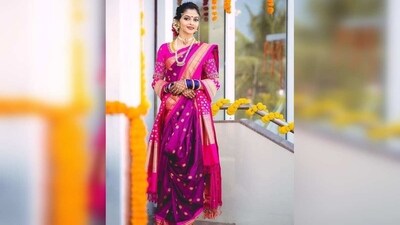 Maharashtrian style: This style is popular in Maharashtra and is known for its unique draping style. The saree is draped in a way that the pallu is taken over the head and brought back over the right shoulder. (Pinterest) Maharashtrian style: This style is popular in Maharashtra and is known for its unique draping style. The saree is draped in a way that the pallu is taken over the head and brought back over the right shoulder. (Pinterest)