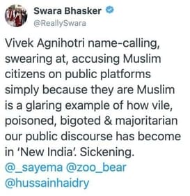Swara Bhaskar's tweet. Swara Bhaskar's tweet.