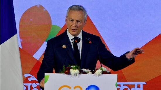 French finance minister Bruno Le Maire speaks during a news conference on the sidelines of G20 finance ministers' meeting on the outskirts of Bengaluru. (REUTERS)
