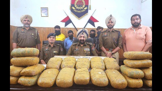 The four accused in police custody in Ludhiana on Friday. (HT Photo)