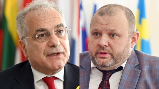 Russia-Ukraine War: EU ambassador Ugo Astuto (left) and Ukrainian chargé d’affaires Ivan Konovalov.