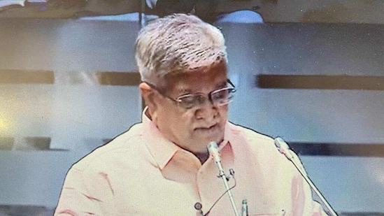 Gujarat finance minister Kanubhai Desai presents annual Budget in Gujarat Vidhan Sabha on Friday. Gujarat finance minister Kanubhai Desai presents annual Budget in Gujarat Vidhan Sabha on Friday.