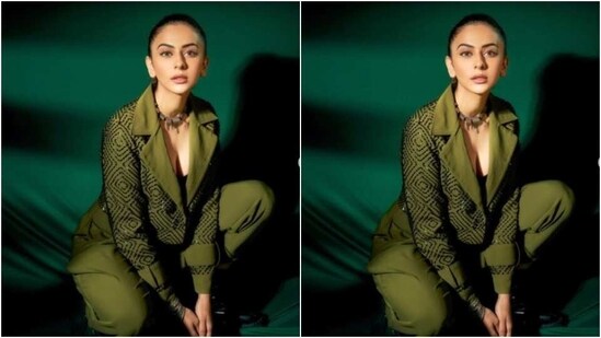 The jacket came with geometric patterns in shades of black. In black boots, Rakul Preet further accessorised her look for the day.&nbsp;(Instagram/@rakulpreet)