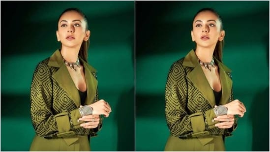 Rakul Preet’s fashion diaries are getting better by the day. The actor, a few days back, gave us fusion fashion goals in a black top, layered with a mossy green cropped blazer and a pair of mossy green satin trousers.&nbsp;(Instagram/@rakulpreet)