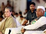 Congress Parliamentary Party chairperson Sonia Gandhi and party chief Mallikarjun Kharge at the 85th Plenary Session of Congress, in Raipur on Friday. (ANI)