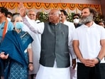 Congress president Mallikarjun Kharge with party leaders Sonia Gandhi, Rahul Gandhi, KC Venugopal and Selja Kumari, and Chhattisgarh CM Bhupesh Baghel during the 85th plenary session in Raipur.