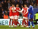 Arsenal's Thomas Partey and Granit Xhaka celebrate after the match 