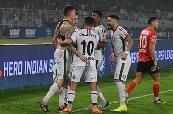 ATK Mohun Bagan players celebrate after scoring against East Bengal (Samir Jana/HT) ATK Mohun Bagan players celebrate after scoring against East Bengal (Samir Jana/HT)