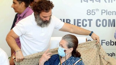 Congress Parliamentary Party (CPP) chairperson Sonia Gandhi with her son and party leader Rahul Gandhi during the 85th Plenary Session in Raipur on Friday. (ANI)