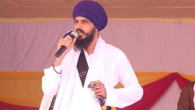 Amritpal Singh, head of Waris Punjab De addresses the Amrit Sanchar Samagam at Desu Majra Village, in Mohali, Punjab, on Thursday. (Sanjeev Sharma/ HT)