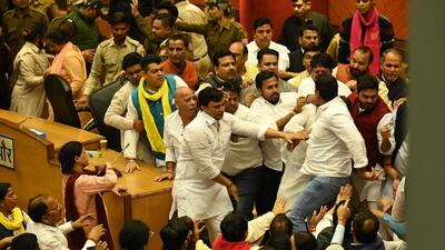 BJP and AAP councillors clash after the standing committee elections at MCD headquarters in Civic Center on Friday. (Raj K Raj/HT Photo) BJP and AAP councillors clash after the standing committee elections at MCD headquarters in Civic Center on Friday. (Raj K Raj/HT Photo)