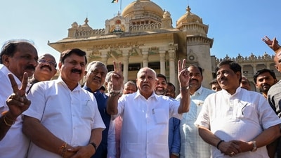 Former Karnataka chief minister B.S. Yediyurappa flashes victory sign after attending the last day of the Karnataka Assembly Session, in Bengaluru on Friday. (PTI Photo) Former Karnataka chief minister B.S. Yediyurappa flashes victory sign after attending the last day of the Karnataka Assembly Session, in Bengaluru on Friday. (PTI Photo)