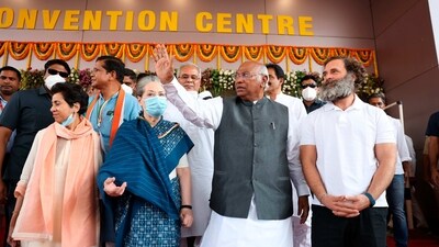 Congress president Mallikarjun Kharge with party leaders Sonia Gandhi, Rahul Gandhi, KC Venugopal and Selja Kumari, and Chhattisgarh CM Bhupesh Baghel during the 85th plenary session in Raipur. (PTI) Congress president Mallikarjun Kharge with party leaders Sonia Gandhi, Rahul Gandhi, KC Venugopal and Selja Kumari, and Chhattisgarh CM Bhupesh Baghel during the 85th plenary session in Raipur. (PTI)