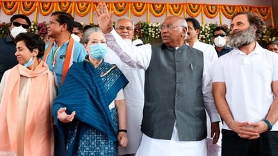 Congress President Mallikarjun Kharge with party leaders Sonia Gandhi, Rahul Gandhi, K.C. Venugopal and Selja Kumari, and Chhattisgarh Chief Minister Bhupesh Baghel during the 85th Plenary Session of the Indian National Congress, in Raipur, Friday, Feb. 24, 2023. (PTI Photo) Congress President Mallikarjun Kharge with party leaders Sonia Gandhi, Rahul Gandhi, K.C. Venugopal and Selja Kumari, and Chhattisgarh Chief Minister Bhupesh Baghel during the 85th Plenary Session of the Indian National Congress, in Raipur, Friday, Feb. 24, 2023. (PTI Photo)