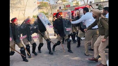 Personnel begun during a training session in Ludhiana on Saturday. (HT PHOTO)