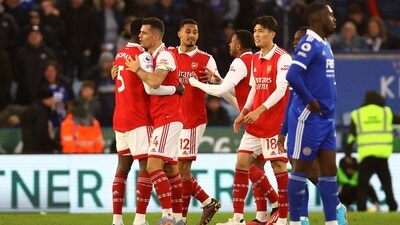Arsenal's Thomas Partey and Granit Xhaka celebrate after the match (REUTERS)