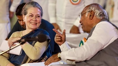 Congress president Mallikarjun Kharge with senior party leader Sonia Gandhi during the 85th Plenary Session of the Indian National Congress, in Raipur, Saturday, Feb. 25, 2023. (PTI) Congress president Mallikarjun Kharge with senior party leader Sonia Gandhi during the 85th Plenary Session of the Indian National Congress, in Raipur, Saturday, Feb. 25, 2023. (PTI)