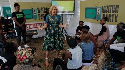 US First Lady Jill Biden (C) interacts with youth at Shujaaz Konnect Festival during her visit to learn about a popular comic book that educates youth about sexual health and gender-based violence in Nairobi on February 25, 2023. (AFP) US First Lady Jill Biden (C) interacts with youth at Shujaaz Konnect Festival during her visit to learn about a popular comic book that educates youth about sexual health and gender-based violence in Nairobi on February 25, 2023. (AFP)
