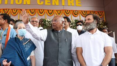The Congress’ 85th plenary session entered its second day in Chhattisgarh’s Raipur on Saturday. (PTI) The Congress’ 85th plenary session entered its second day in Chhattisgarh’s Raipur on Saturday. (PTI)